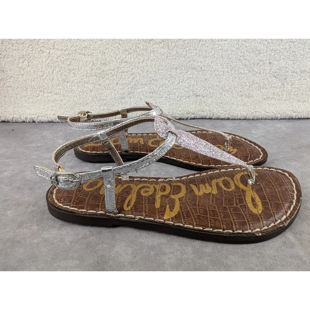 Sam Edelman Gigi Mini Lilac Glitter Silver Metallic T-Strap Sandals 4 Big Kid